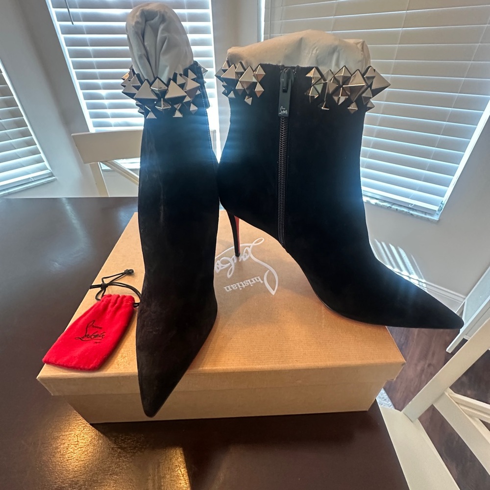 Black Stud-Trim Suede Pointed Stiletto Ankle Boots - Designer